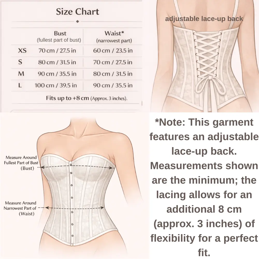 Rira Corset size chart guide showing bust and waist measurements adjustable lace-up back and how to measure for corset top fit
