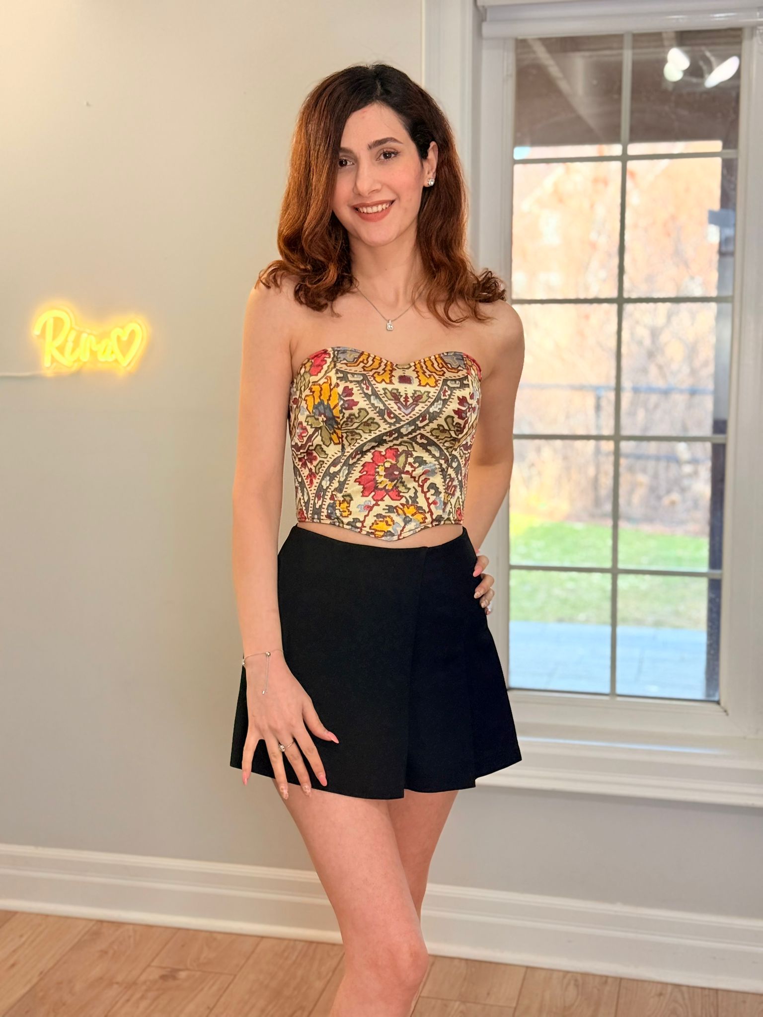 Strapless Persian style corset top with fitted silhouette and lace-up back