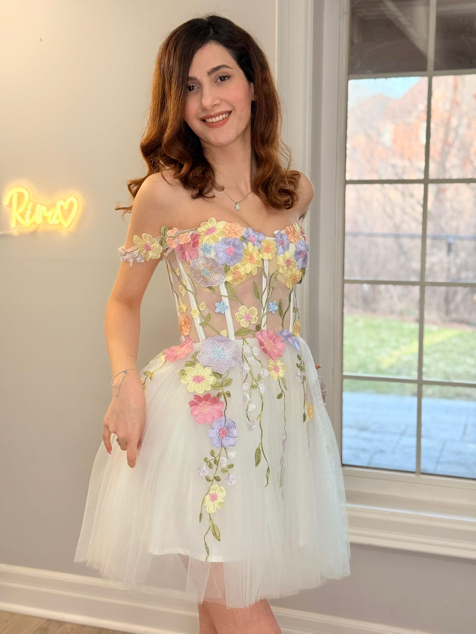 Scarlett 3D floral corset mini tulle dress front view-ivory gown with colorful flower appliqués by Rira