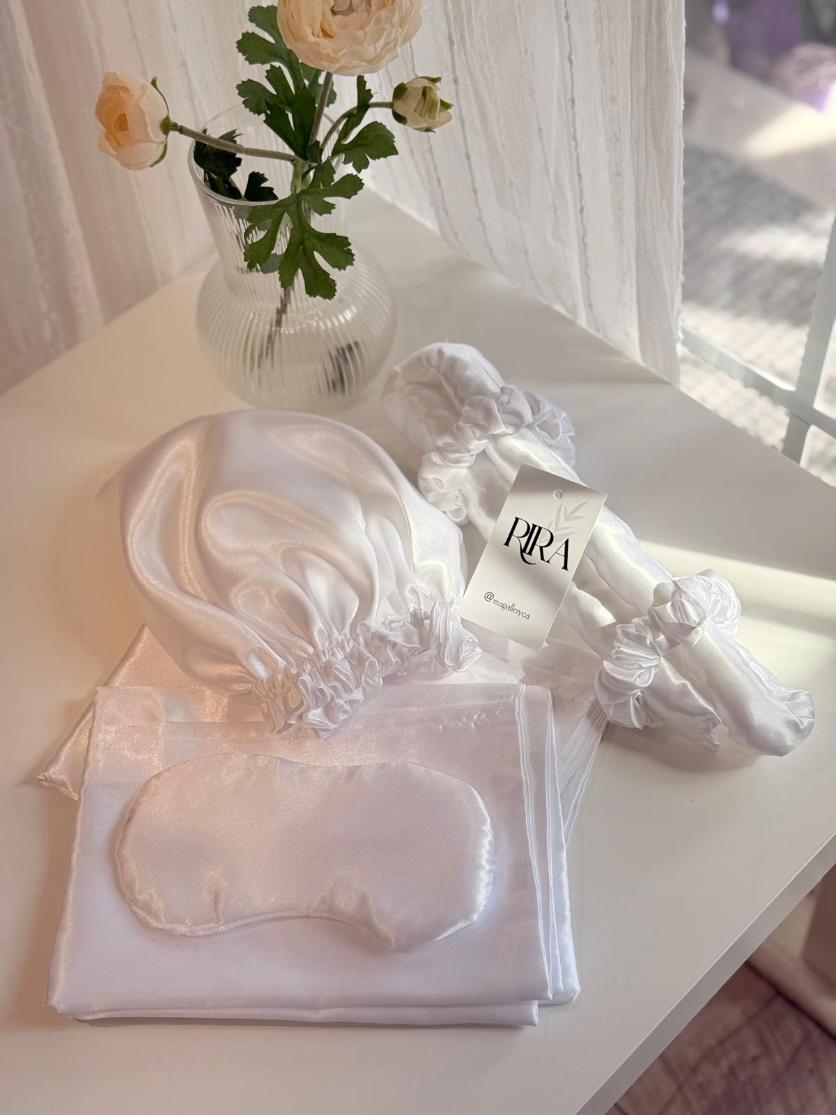 satin pillowcases set with bonnet eye mask and hair accessories