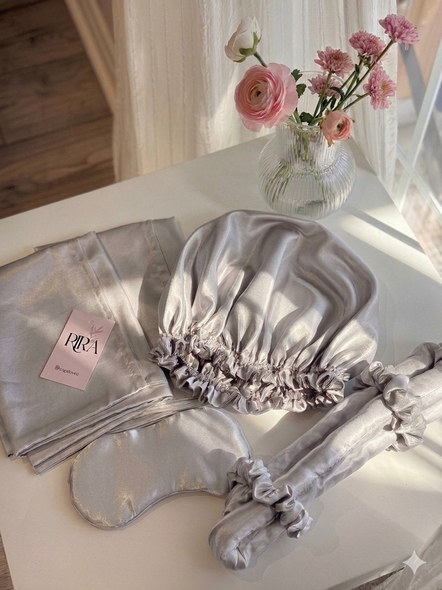 RIRA satin sleep set in silver grey, including a bonnet, sleep mask, pillowcase, and scrunchies, styled on a white table with pink flowers.
